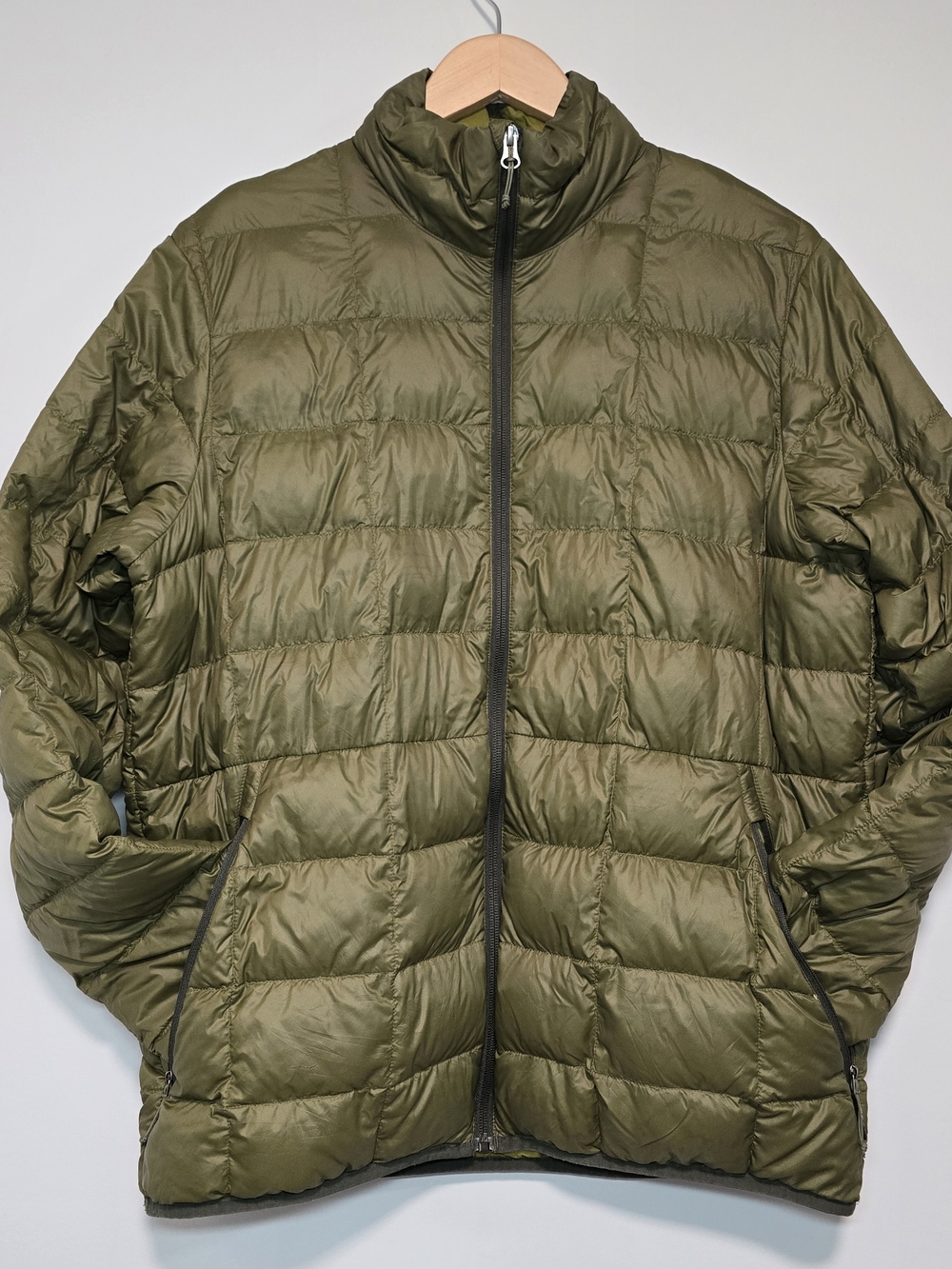 REI Olive Green Lightweight Quilted Down Puffer Jacket.